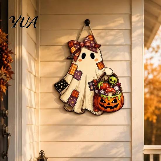 Home Wall Embellishment Halloween Cute Bow Ghost Door Sign, Wooden Patchwork Hanging Plaque with Pumpkin Candy Basket, Retro Pendant Lanyard for Front