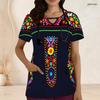 Women Plus Size Keyhole Neck Short Sleeve Printed Scrub Top With Front Pockets Black Gradient