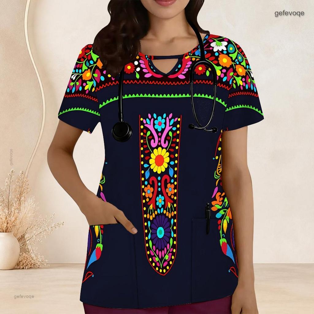 Women Plus Size Keyhole Neck Short Sleeve Printed Scrub Top With Front Pockets Black Gradient