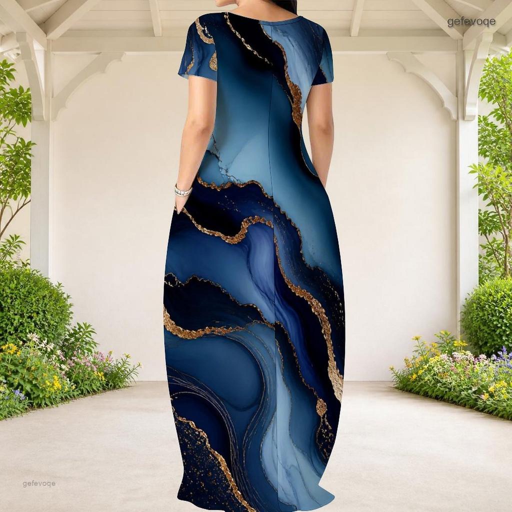 Women Plus Size Round Neck Short Sleeve Printed Loose Maxi Dress With Side Pockets