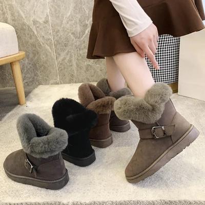 Dámské sněhule s integrovanou kožešinou Zimní nová móda Krátké holínky Plus sametové zateplení Jednodílné ploché boty Botas De Mujer