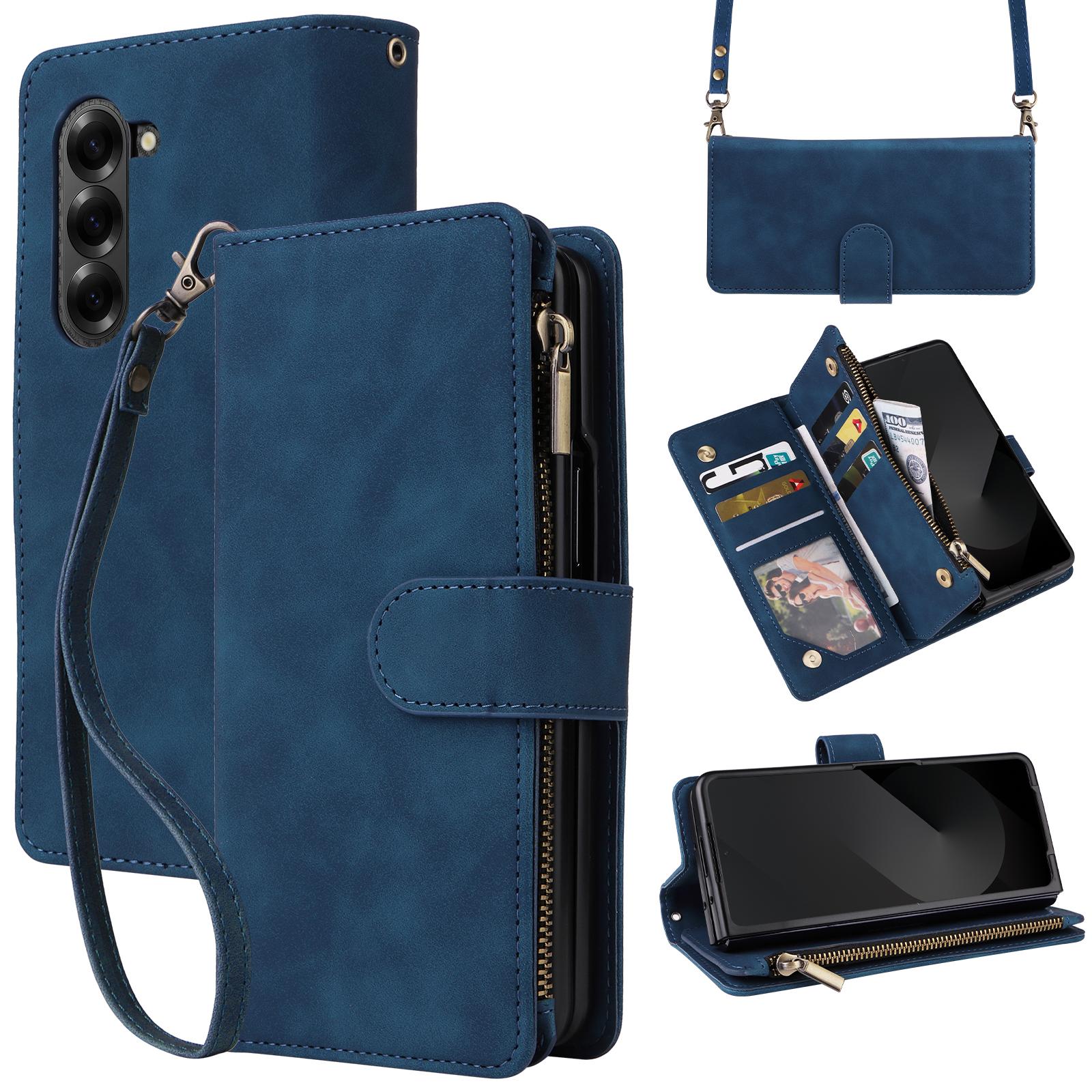 

For Samsung Galaxy Z Fold6 5G Case Zipper Pocket Leather Phone Cover with Shoulder Strap Blue