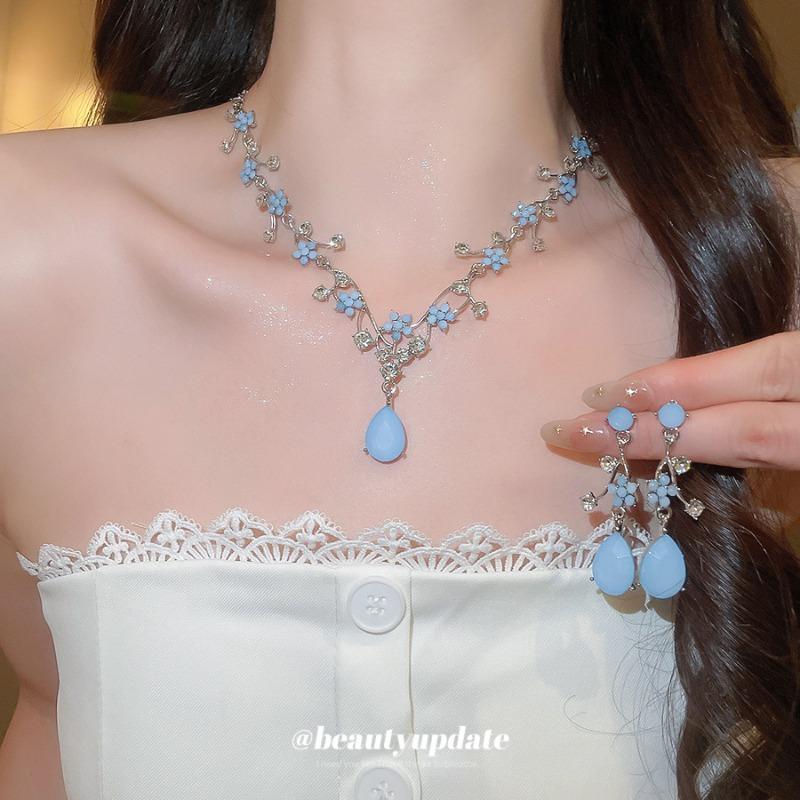 Monet Garden~ Diamond Resin Flower Water Drop Earrings Necklace Set Light Luxury High-end Princess Style Jewelry Women