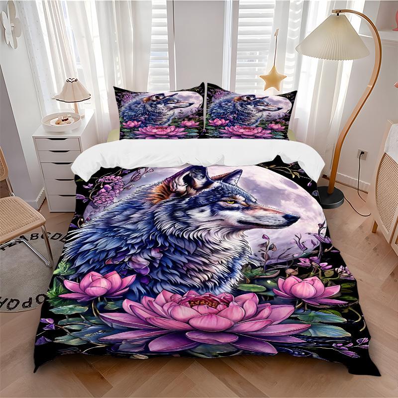 3pcs Wolf Lotus Flower Duvet Cover Set - Includes 1 Duvet Cover and 2 Pillowcases, No Quilt Core, All-Season Home Decor yy251111004