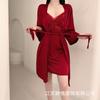Spring and Summer Sexy Nightdress Lace Temptation V-neck Gathering Ice Silk Suspender Nightdress Backless Chest Pad Suspender Nightdress Set
