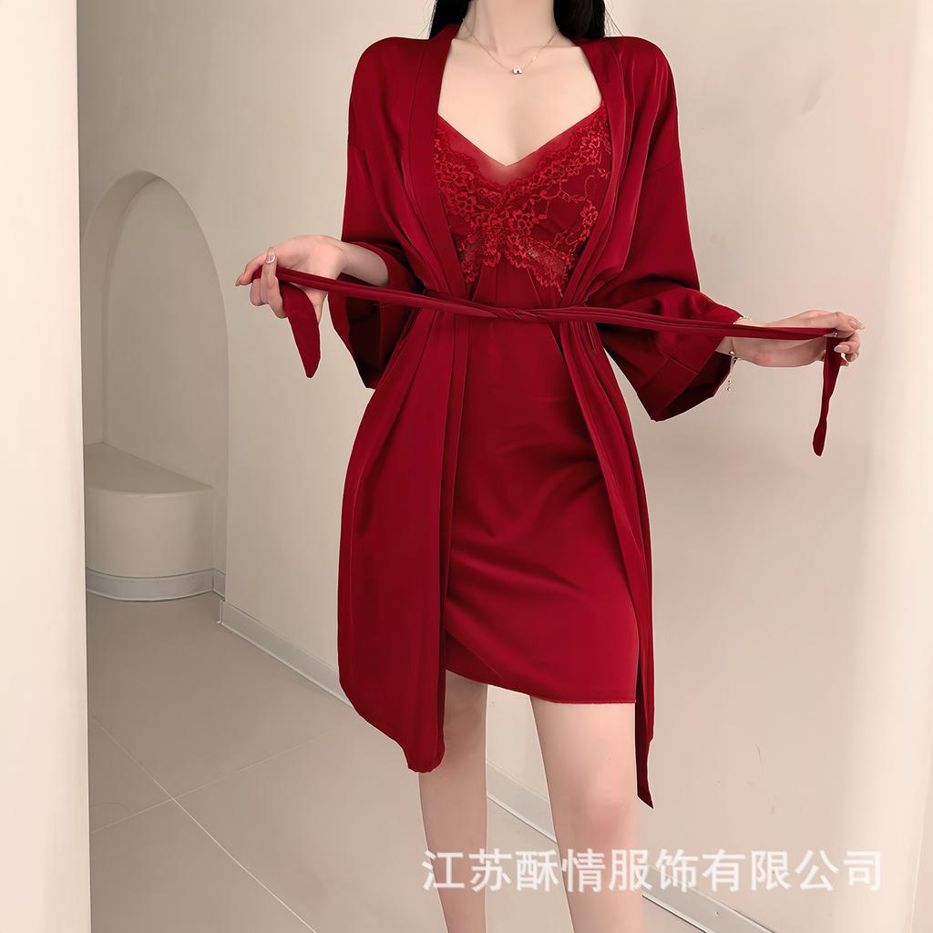 Spring and Summer Sexy Nightdress Lace Temptation V-neck Gathering Ice Silk Suspender Nightdress Backless Chest Pad Suspender Nightdress Set