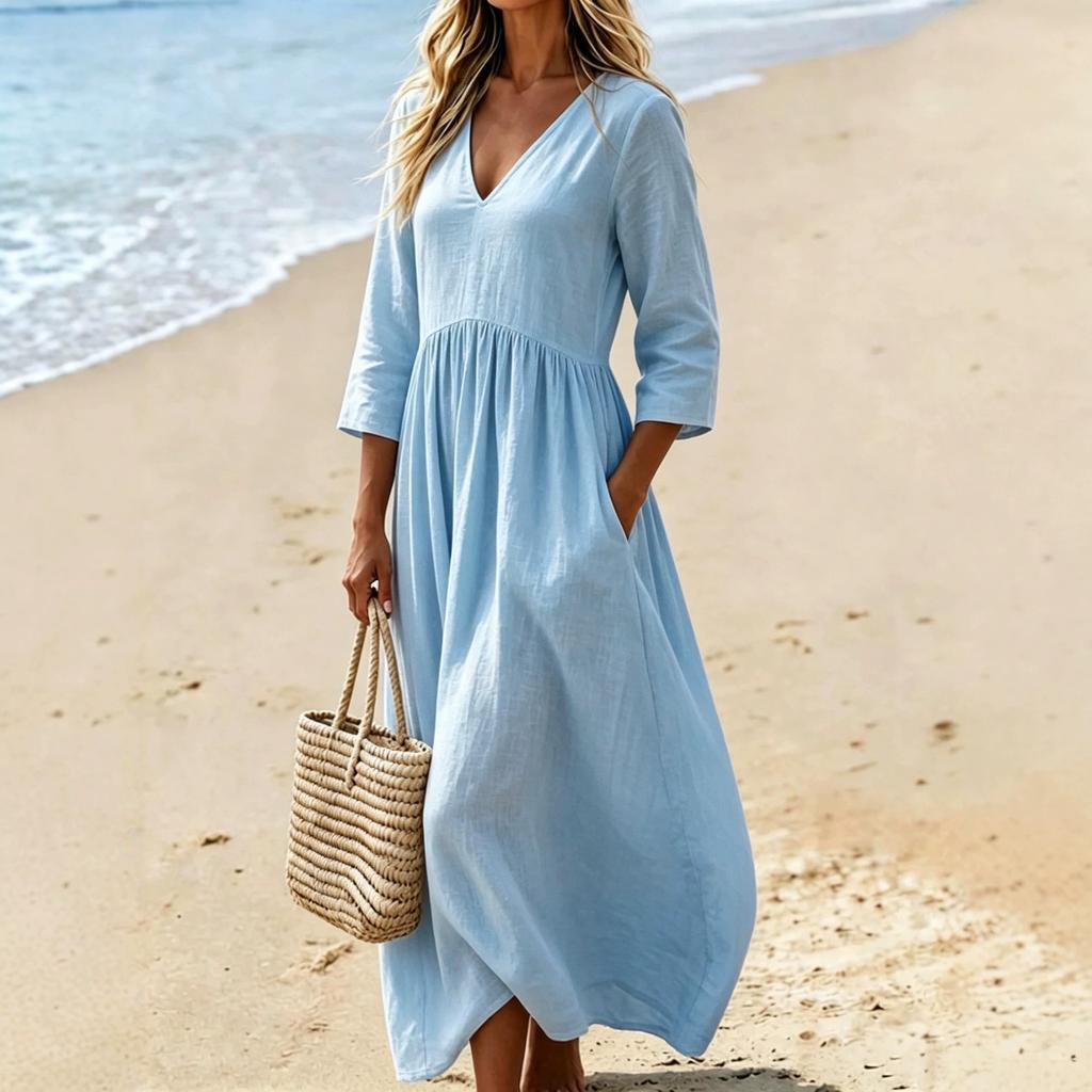 New solid color cotton and linen V-neck seven-quarter sleeve dress women's vacation long dress temperament socialite style