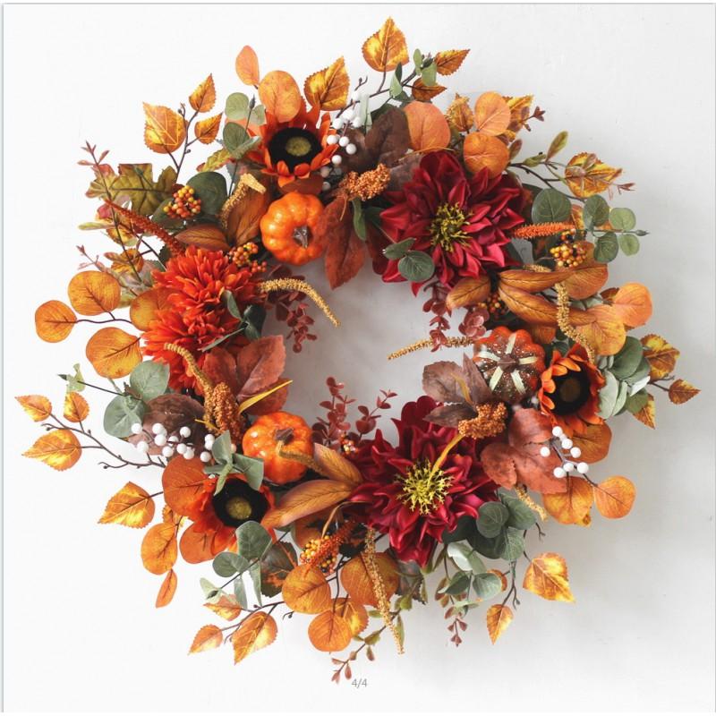 Harvest Wreath With Pumpkins Maple Leaves