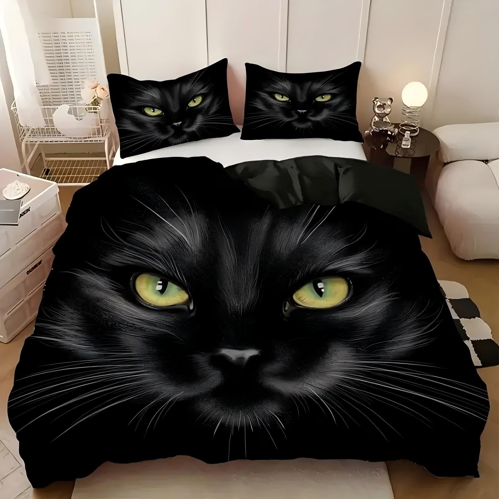 

Cartoon Black Cat Pupil 3D Printed Bedding Set Cute Animal Style Luxury Duvet Cover Soft Comfortable Home Polyester Quilt Cover 135x200cm 2pcs