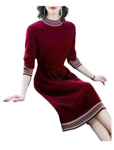 Fleece Autumn and Winter New Medium and Long Skirt Base Fashion Temperament Waist Thin Lady Solid Color Dress