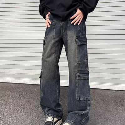 Retro Tooling Jeans Men's Spring and Autumn New Washed Old Wide-leg Pants American Loose Casual Long Pants