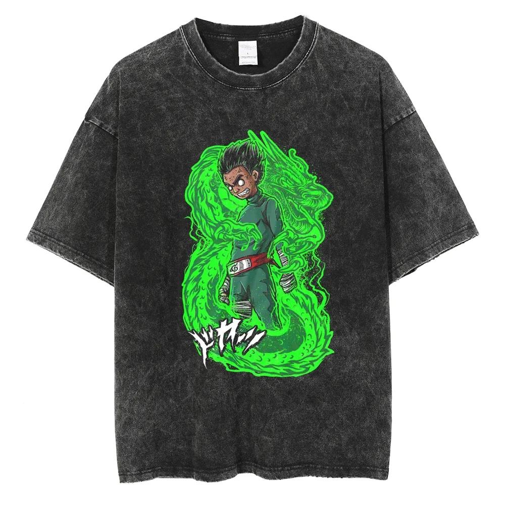 Harajuku Streetwear Vintage TShirt Japanese Anime Naruto Oversize T Shirt Washed Black Tshirt Men Summer Cotton Top Tees