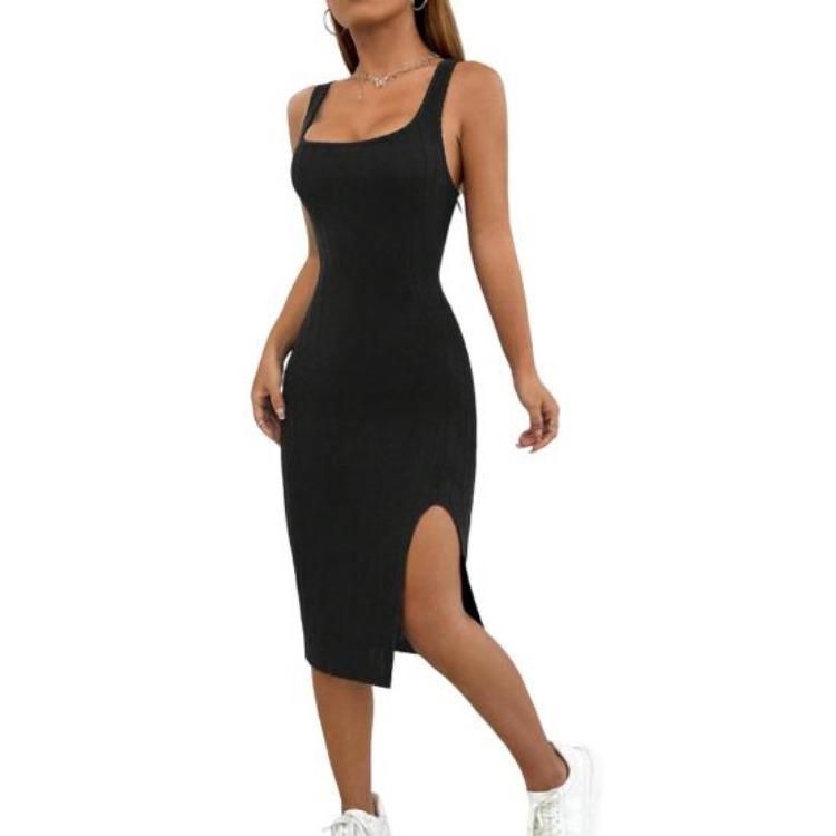 Summer Women Sleeveless Square Neck Sheath Dress Solid Color Elastic Side Split Skinny OL Commute Breathable