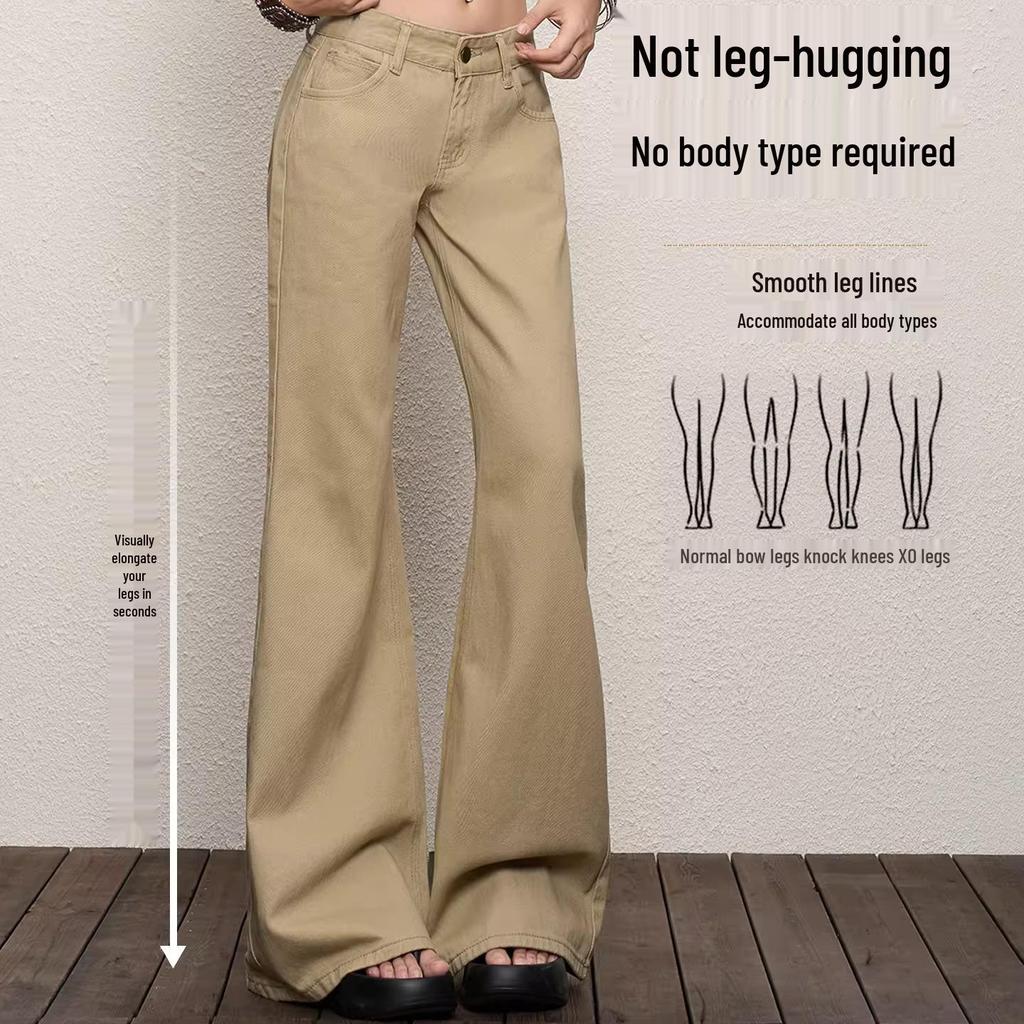 Women's Khaki Low-Rise Micro-Flare Jeans - Retro Spring/Summer Style, Hip-Covering, Slimming, Floor-Length Flare
