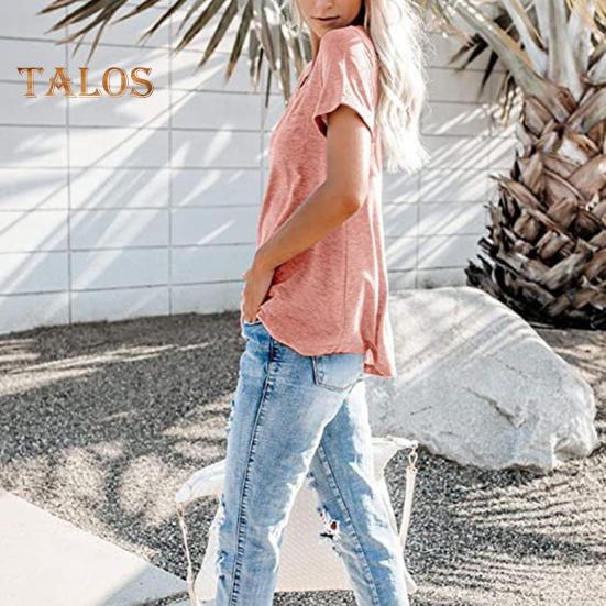 Damen Sommer T-Shirt V-Ausschnitt Kurzarm Knöpfe Ausschnitt T-Shirt Einfarbig Loose Fit Pullover Tops mit Tasche Streetwear