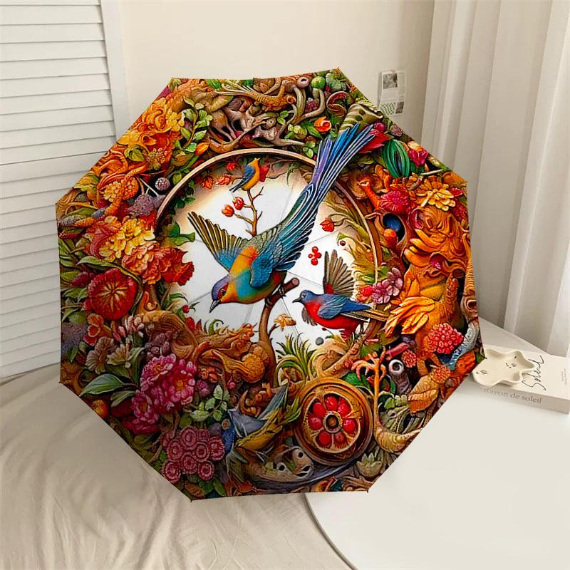 

1PC Birds Flowers Umbrella-9-Rib Reinforced, Automatic Open, Lightweight & Durable, Cute Fashion Accessory for Outdoor-P0724