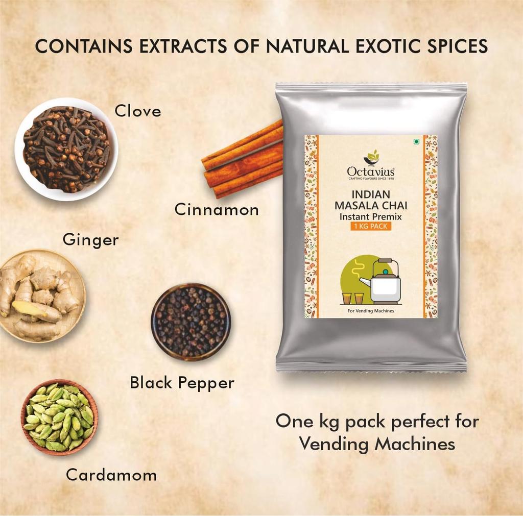 Octavius Masala Chai Instant Premix Powder 1kg | Makes Up To 66 Cups | Kadak Indian Tea | Ready To Drink | For Vending Machine, Office & Home | Jus