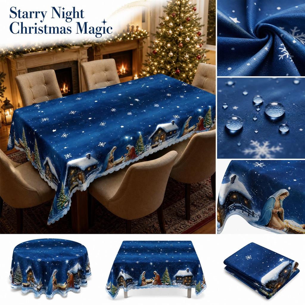 Elegant Christmas Tablecloth with Night Scene Print, Oil- Clean, Round or Square Decorative Table Cover for Holiday Party Dining