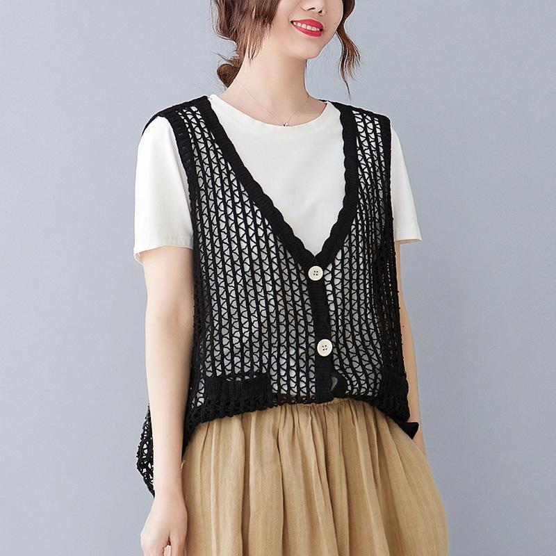 Retro Artistic Hollow-Out Knit Vest – Women's Loose Cotton-Linen Cardigan