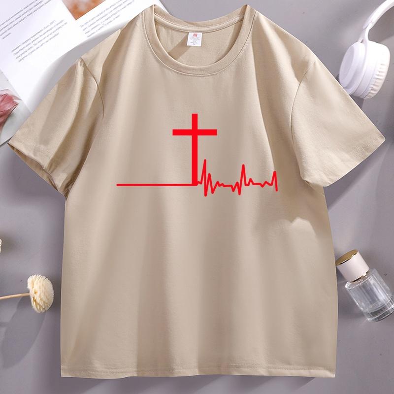 Women Graphic T-Shirt Christian Cross Heartbeat Tshirt Religious Faith Short Sleeve Soft Breathable T Shirt Unisex Clothes Tops