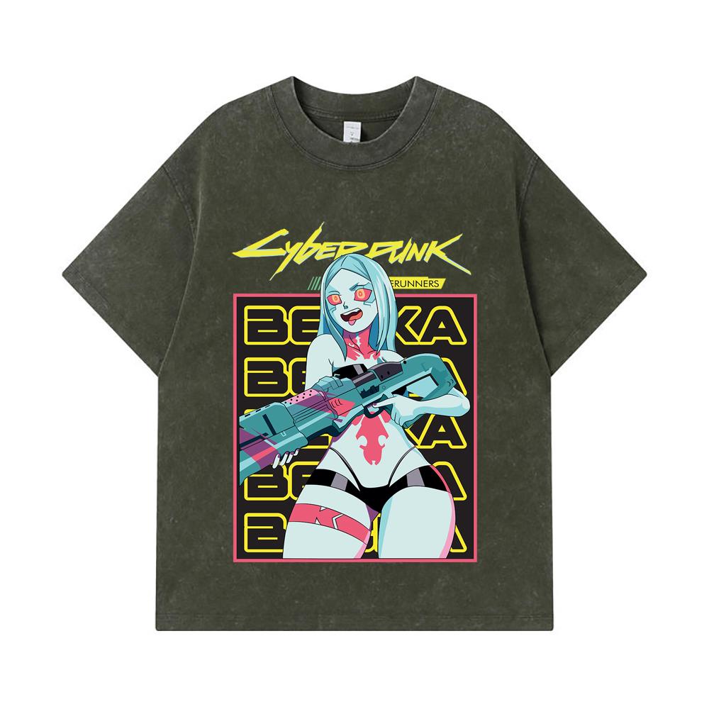 275 GSM Washed T-shirts 100% Cotton Cyberpunk Edgerunners V3 Rebecca Print Unisex Heavy Cotton T Shirt S