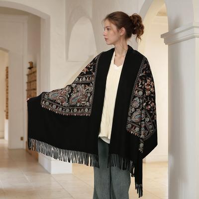 Femme Hiver Chaud Broderie Florale Foulard Pashmina Châle Franges Foulards Mode Long Enveloppement Uni Cachemire Imitation Écharpe 190*90Cm