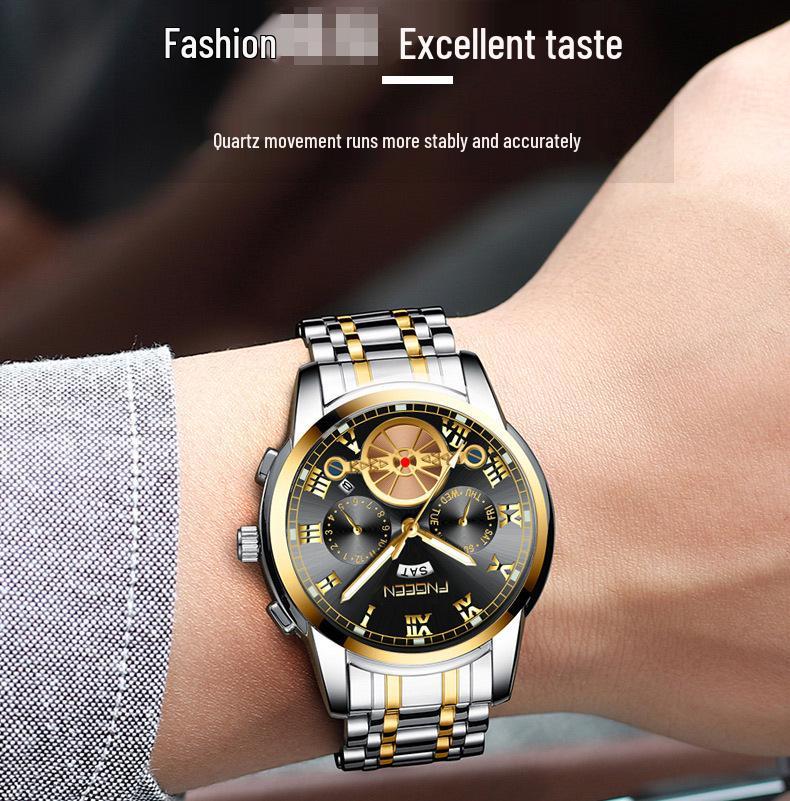 Orologio da uomo FenZun con Tourbillon Volante Nero e Cinturino in Acciaio con Diamanti Neri