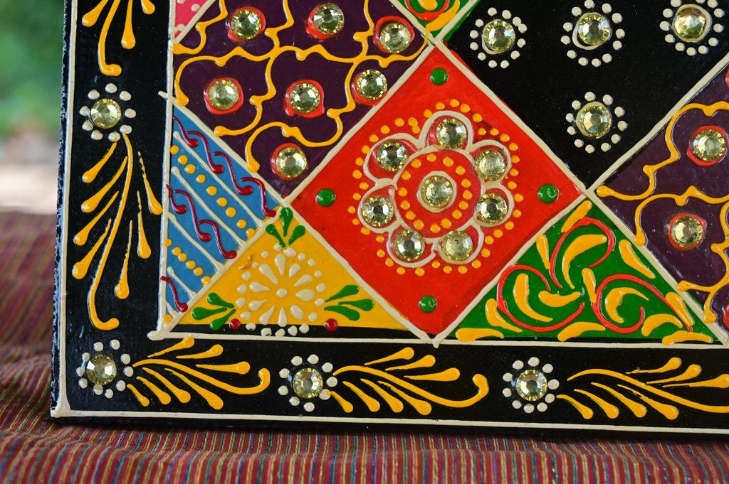 Hand-Painted Indian Folk Art Panel: Boho Wall Decor with Mirror