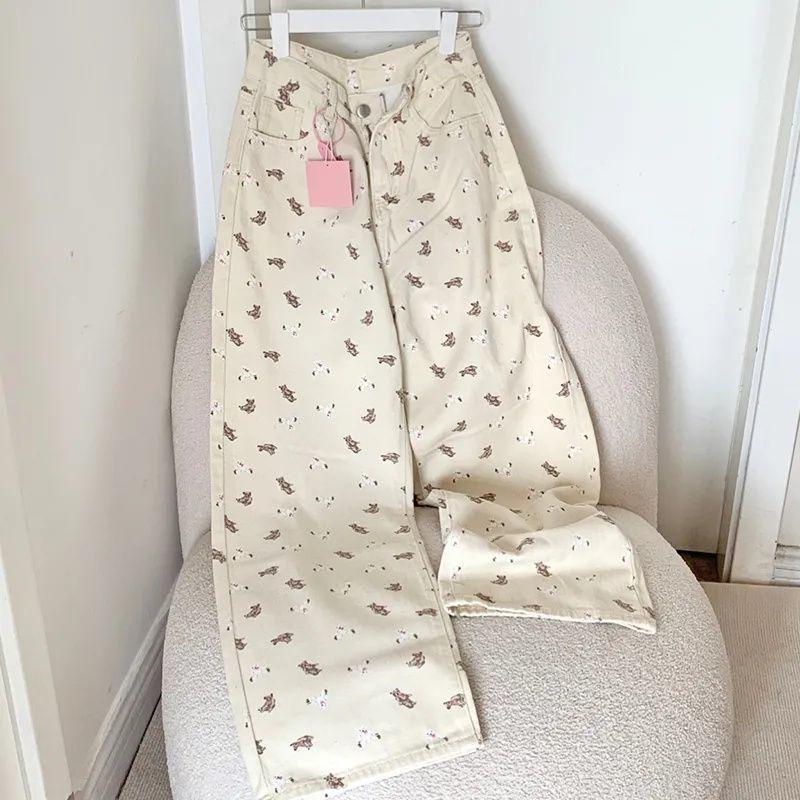 New Bear Print White Thin Jeans Women's Design Sense Niche High Waist Drape Straight Wide-leg Pants