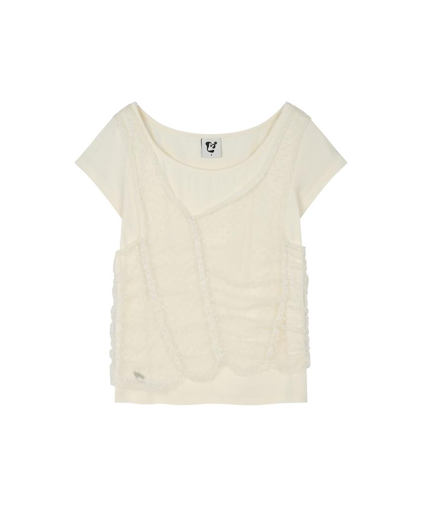 LMR Two-Way Lace Shirred Layered Short Sleeve T-Shirt Cream / Cream
