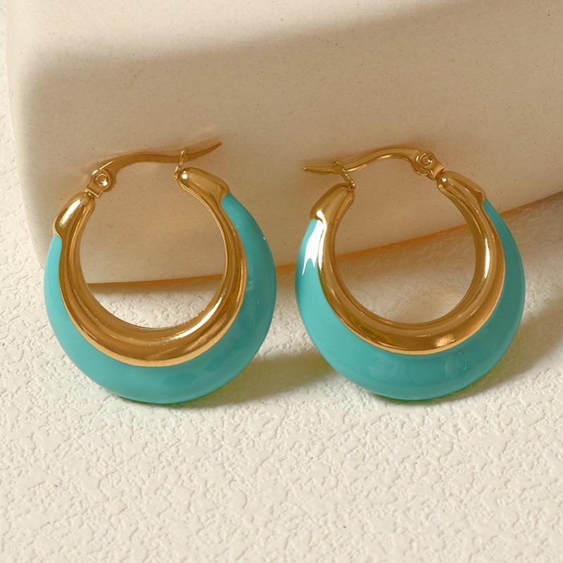 Retro Exaggerated U-shaped Titanium Steel Earrings for Women  Fashionable and Versatile Enamel Oil-drop Earrings Light Luxury High-end