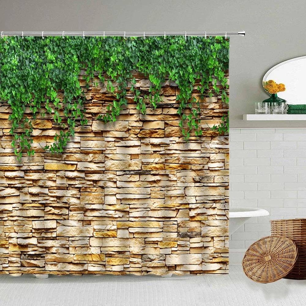 

Green Vine Vintage Stone Brick Wall Shower Curtains Set Natural Plants Leaves Flowers Polyester Fabric Bathroom Decor with Hooks 90x180cm-35x70in