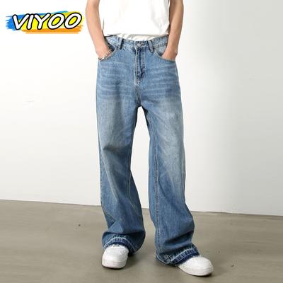 Men‘s Y2K Vintage Casual Wide Leg Jeans Ful Lentgh Baggy Pants Trousers Light Blue Denim Jeans New Streetwear Hip Hop