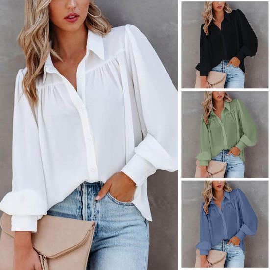 

Плиссированная однобортная женская рубашка с отложным воротником и длинными рукавами, повседневная модная рубашка с рукавами-фонариками, блузка, женская одежда
