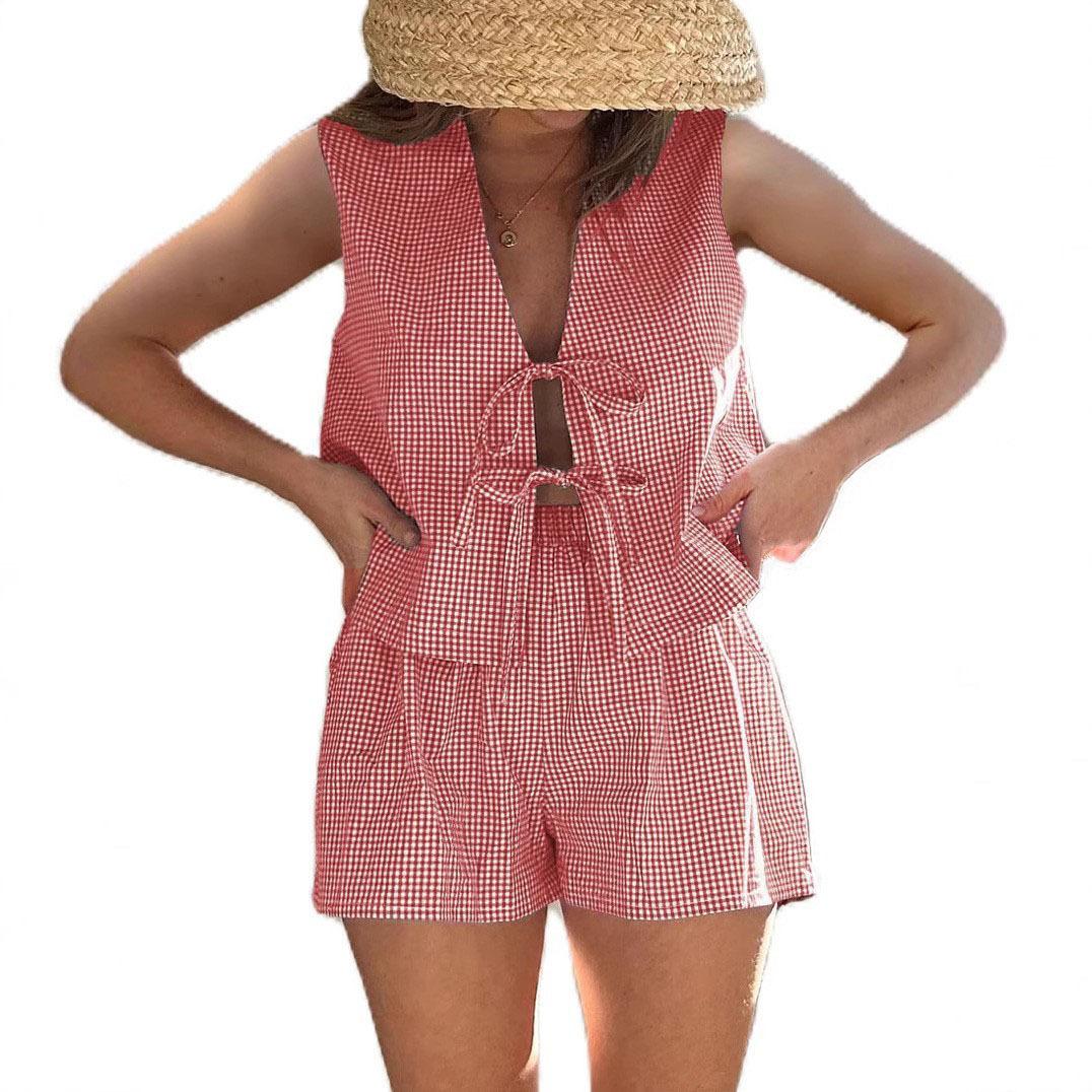 European and American foreign trade women s clothing 2026 summer new plaid lace-up cardigan vest shorts fashion casual suit, women S красный