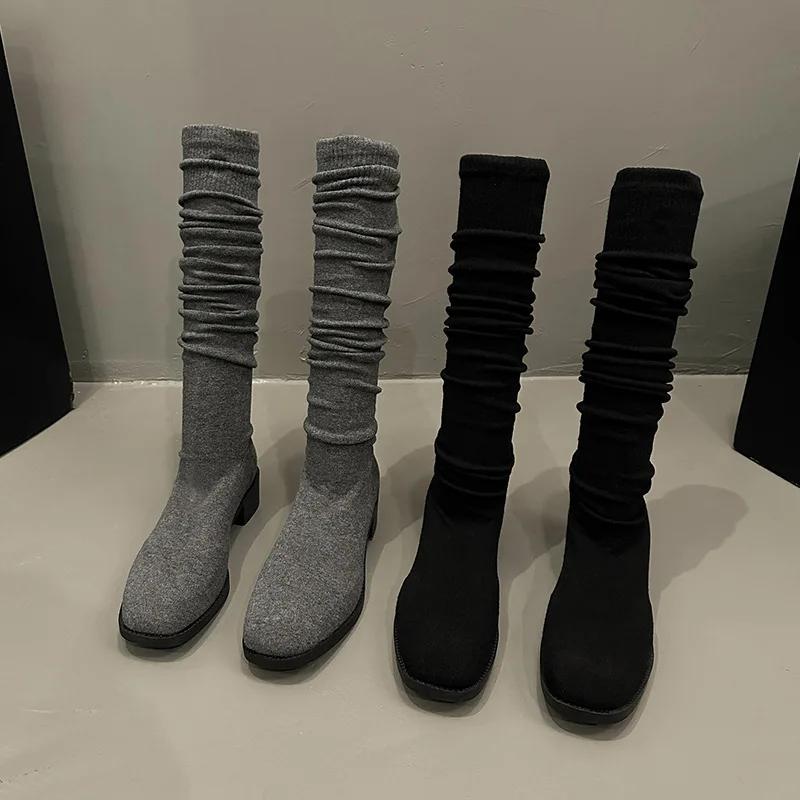 Fashion Knit Thick Heel Square Head Slim Boot Autumn New Style Over Knee Casual Versatile Elastic Socks Boot Women's Boots