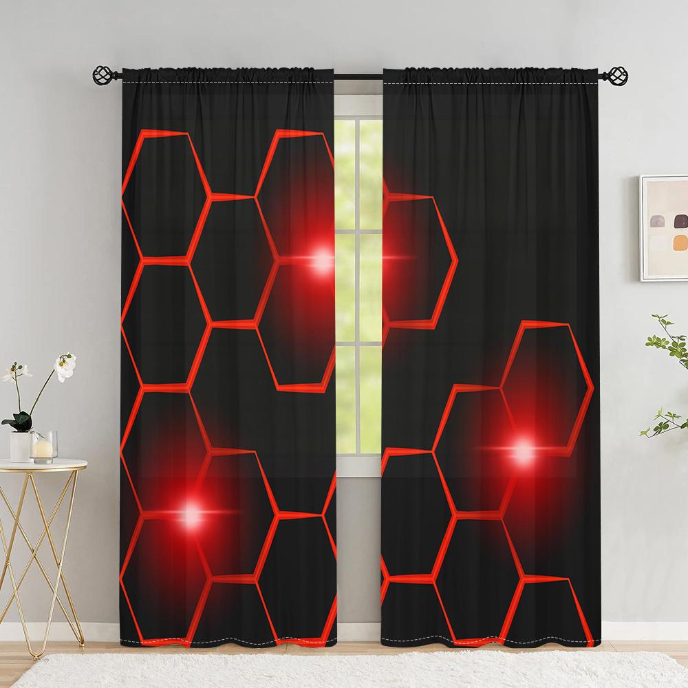 2Pcs Modern Geometric Curtains Red Hexagon Pattern Living Room Bedroom Office Sunshade Tech-Inspired Theme Decor Curtains