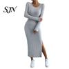 Comfortable Casual Dresses Women Round Neck Knitted Dress, Long Sleeve Pullover Sweater Winter Wear Solid Color Stretchy Split Bodycon Dress