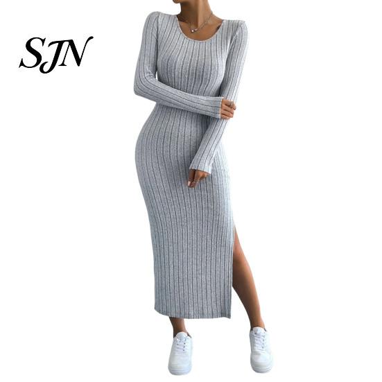 Comfortable Casual Dresses Women Round Neck Knitted Dress, Long Sleeve Pullover Sweater Winter Wear Solid Color Stretchy Split Bodycon Dress