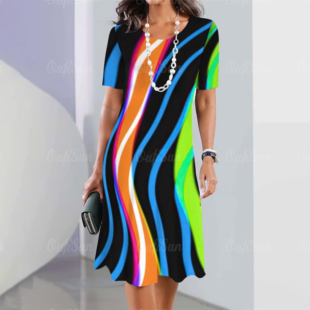 2026 New Fashion Striped Printed Dress Women's Elegant Casual Loose Short-sleeved Dress
