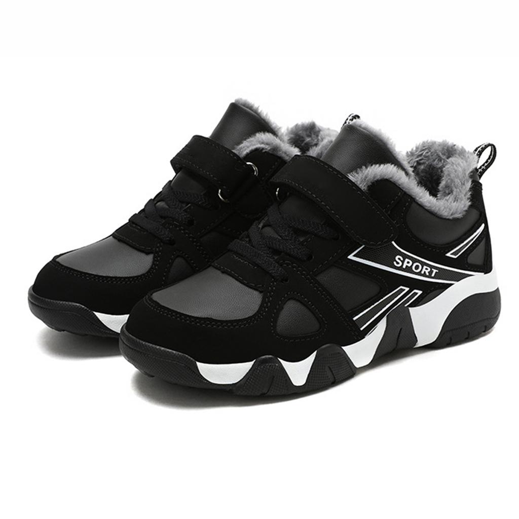 Winter Fleece Lined Kids Running Shoes Lightweight Breathable Athletic Sneakers with Hook and Loop Closure for Elementary School Children