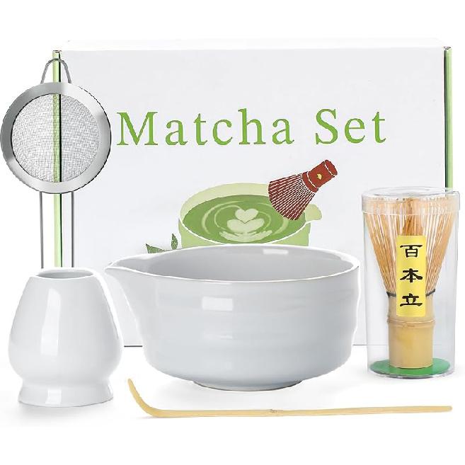 Matcha Whisk Set - 5PCS Matcha Set Includes 17OZ Chawan with Spout, Bamboo Chasen Whisk with Ceramic Holder, Mat cha Scoop and Stainless Sifter,