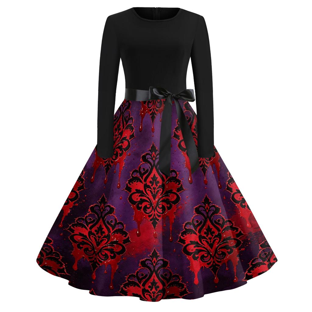 Women's Retro Halloween Print Long Sleeve Neck Casual Dress for Fall Party