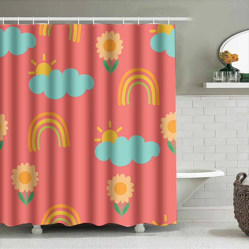 Pink Shower Curtain With Sunshine Clouds Rainbow Flowers Decorative Waterproof Bath Mat Room Home Decoration Printing Size: 180X