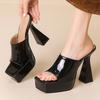 High Heels Women's Slippers Platform Summer Mules Shoes Ladies Sandals Peep toe Black Silver Outside Footwear Shoes Large Size
