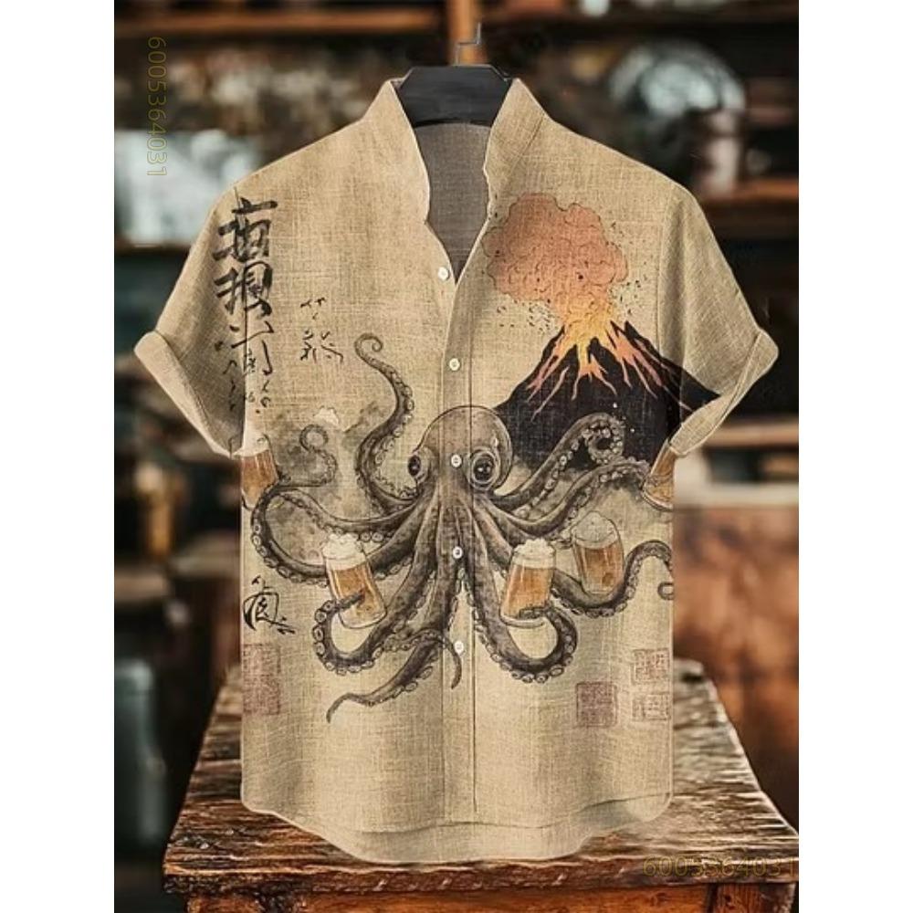 Men's shirt with octopus and turtle print, Hawaiian style, comfortable, casual, versatile top for everyday wear and commuting.