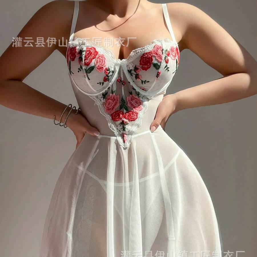 European and American sexy lingerie lace perspective temptation embroidered thong two-piece set new
