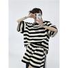 Women's Loose Fit Tracksuit Short Sleeve Embroidered Letter Striped T-Shirt & Elastic Waist Shorts Casual Two Piece Sweatsuit