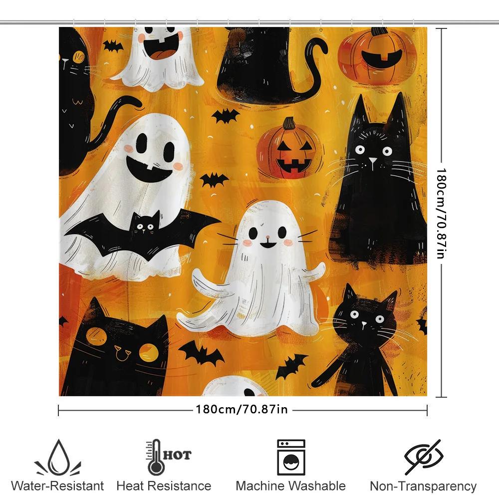 Halloween-themed Ghost Black Cat Pumpkin Halloween Shower Curtain Decorative Waterproof Bath Mat Bathroom Accessories Orange Y
