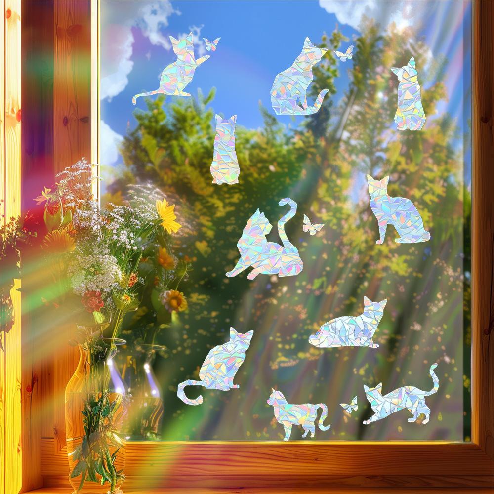 Cartoon Animal Cat Laser Colorful Glass Door and Window Background Beautification and Decoration Window Stickers
